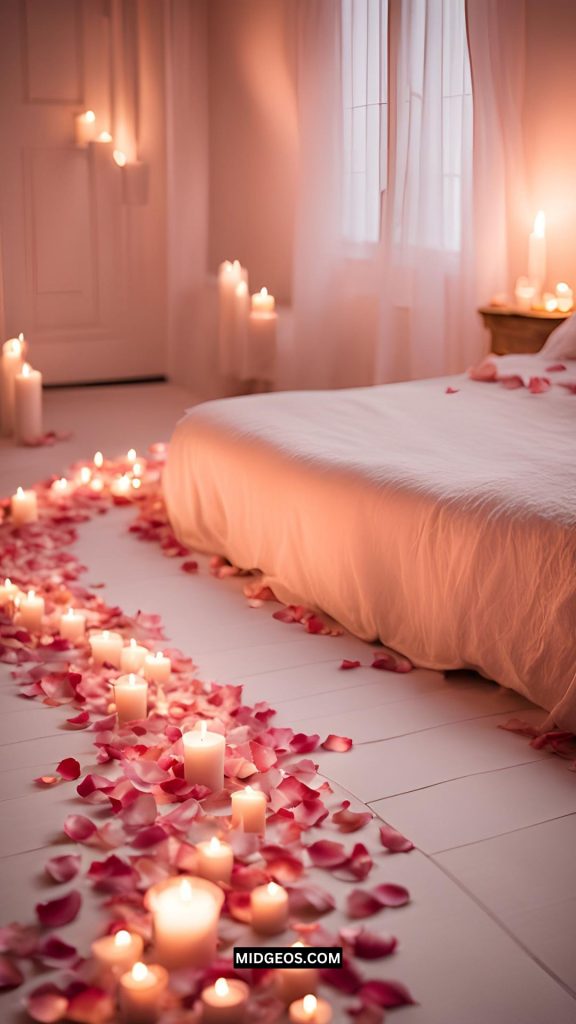 17 Romantic Valentine’s Day Bedroom Decor Ideas for 2025 4 Rose Petal Pathway Sprinkle Rose Petals on the Floor or Bed Valentines Day Bedroom Decor Ideas