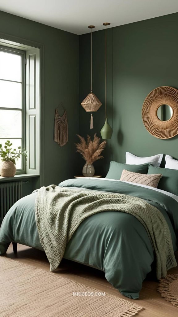 35 Stunning Green Bedroom Ideas for a Stylish & Serene Space 5 boho sage green bedroom