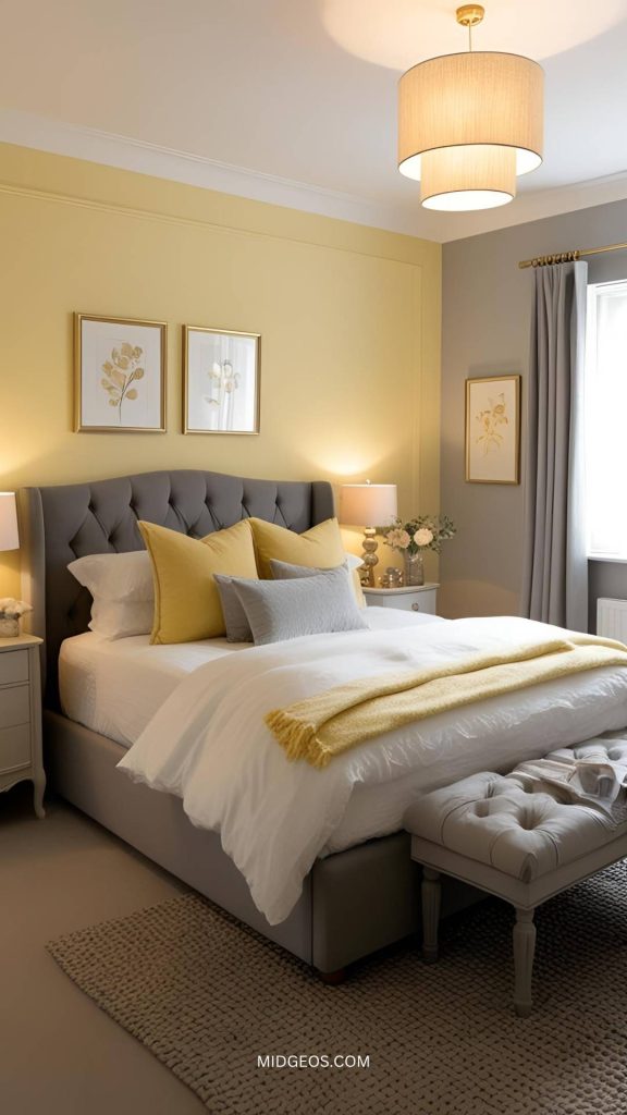 17 Bright & Beautiful: Stunning Yellow Bedroom Ideas 3 soft yellow and grey bedroom