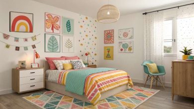 A cozy, colorful bedroom featuring bright bedding, eclectic wall art, and modern furniture – a vibrant and cheerful design idea for 2025.
