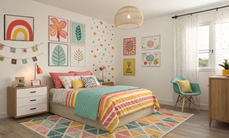A cozy, colorful bedroom featuring bright bedding, eclectic wall art, and modern furniture – a vibrant and cheerful design idea for 2025.