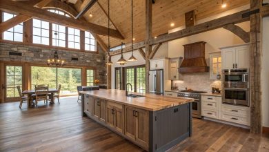 Open concept barndominium kitchen with rustic wood accents and modern finishes