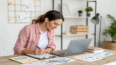 Entrepreneur brainstorming best small business ideas with laptop and notes"