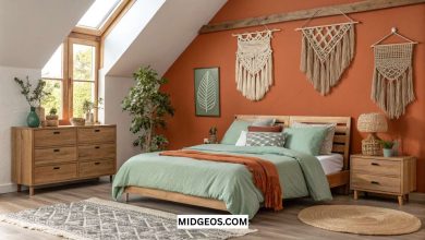 burnt orange bedroom with sage green accents, modern boho style, trending color pairing 2025
