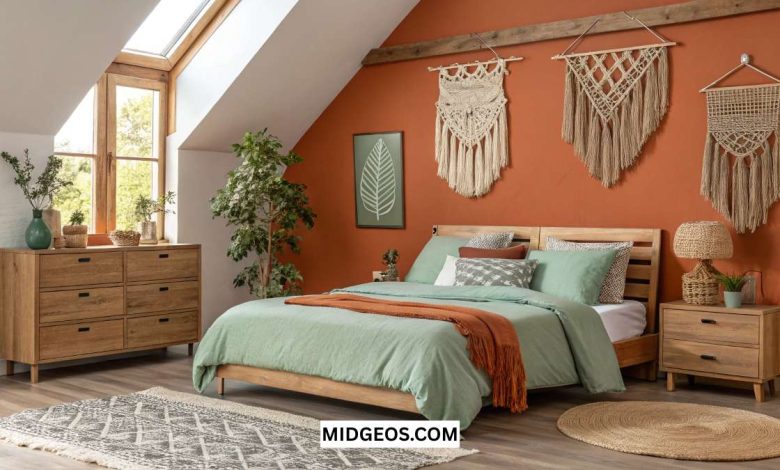 Burnt Orange Bedroom Ideas (2025): Best Color Pairings, Wall & Decor Tips for a Boho-to-Modern Look 1 burnt orange bedroom with sage green accents, modern boho style, trending color pairing 2025