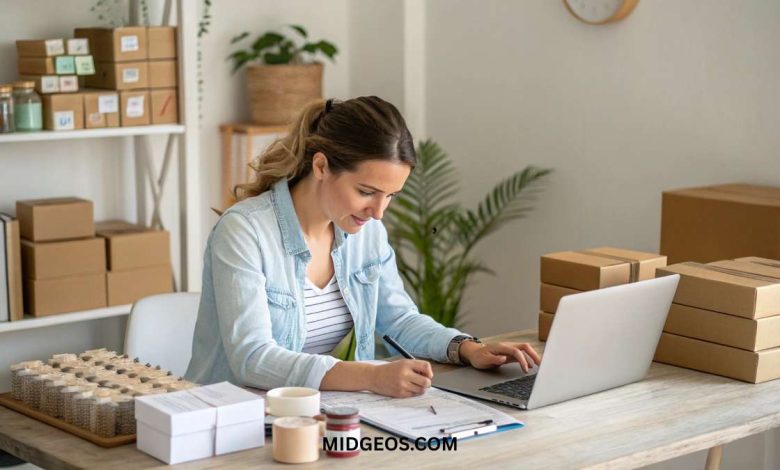 How to Start a Small Business from Home in 2025: Easy, Profitable Ideas & Step-by-Step Tips to Succeed 1 Woman working from home on a small business with a laptop and product samples on desk — How to start a small business from home