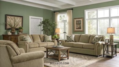 Olive Green Living Room Ideas (2025): Trendy Color Pairings, Wall Decor & Cozy Styling Tips 4 olive green living room with neutral couch, modern boho decor, warm lighting