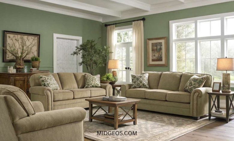 Olive Green Living Room Ideas (2025): Trendy Color Pairings, Wall Decor & Cozy Styling Tips 1 olive green living room with neutral couch, modern boho decor, warm lighting