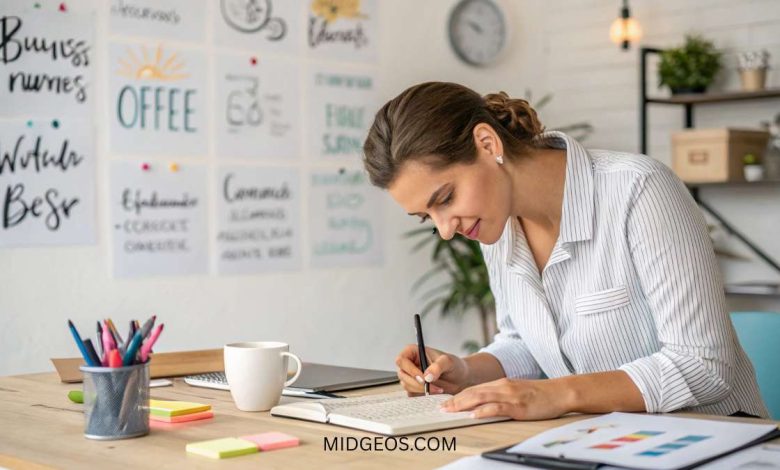 250 Small Business Names Ideas to Inspire You Today 1 woman writing down small business names ideas in planner at workspace