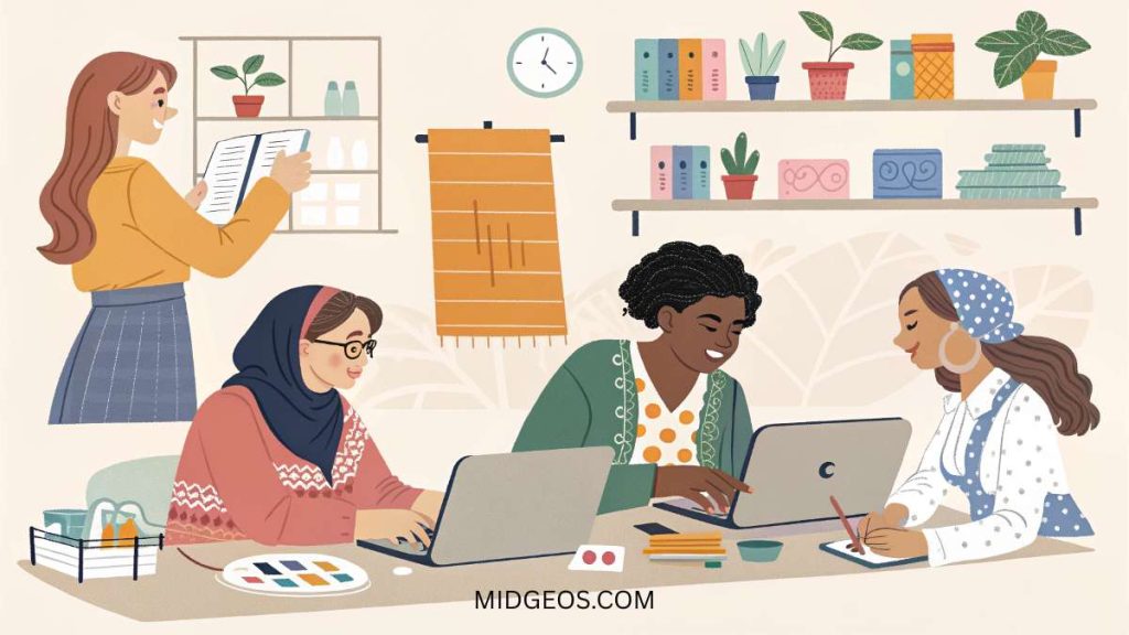 21 Small Business Ideas for Women: Empower Your Passion & Build Your Dream 2 Illustration of a diverse group of women entrepreneurs working on laptops, crafting, and running small businesses.