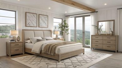 modern guest bedroom with cozy neutral bedding and minimalist wood furniture