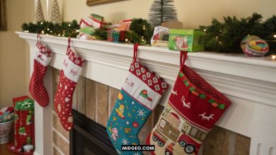 Festive Christmas stockings filled with colorful toddler stocking stuffers and small holiday gifts