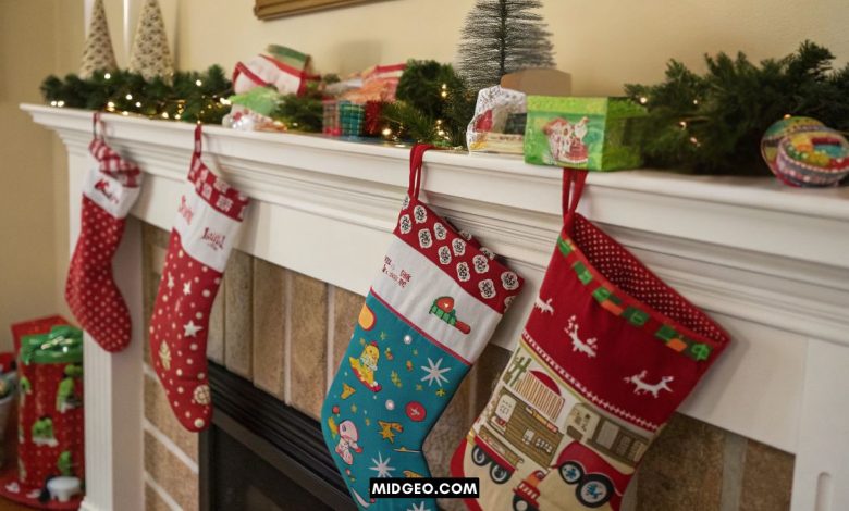 Festive Christmas stockings filled with colorful toddler stocking stuffers and small holiday gifts