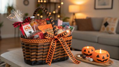 boo basket ideas for girlfriend filled with cozy Halloween treats and spooky gifts