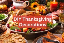 DIY Thanksgiving decorations for home table setting with pumpkins and fall leaves