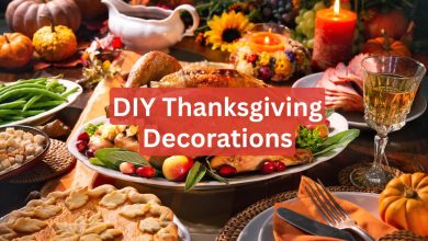 DIY Thanksgiving decorations for home table setting with pumpkins and fall leaves