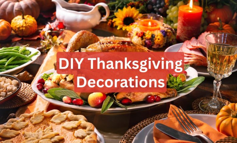 DIY Thanksgiving decorations for home table setting with pumpkins and fall leaves