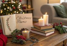 A cozy Christmas setting with candles, books, and handwritten Christmas poems