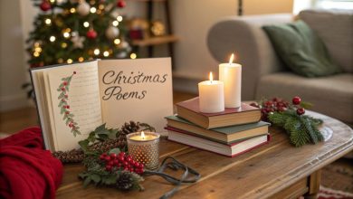 A cozy Christmas setting with candles, books, and handwritten Christmas poems