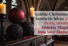 Gothic Christmas aesthetic holiday décor with dark ornaments and candles