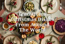 Traditional Christmas dishes from around the world on festive dinner table