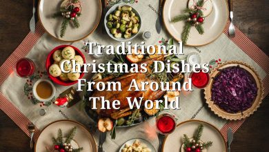 Traditional Christmas dishes from around the world on festive dinner table