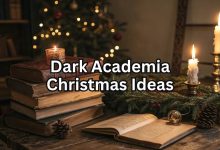 dark academia Christmas aesthetic with candlelight, antique books, and vintage holiday decor