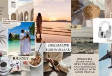 A beautifully designed dream life vision board featuring inspirational photos, affirmations, and lifestyle goals arranged for manifestation.