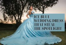 Ice blue wedding dress styled with elegant bridal accessories