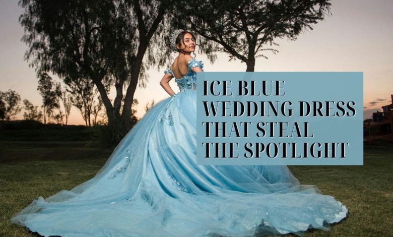 Ice blue wedding dress styled with elegant bridal accessories