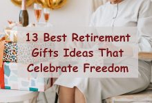 Smiling retiree opening one of the 13 Best Retirement Gifts surrounded by thoughtful celebration decor