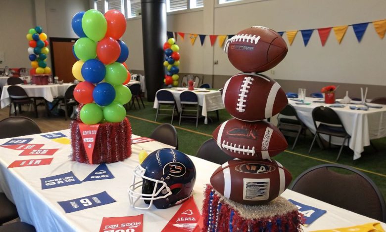DIY Football Party Decor with football table decorations and centerpieces