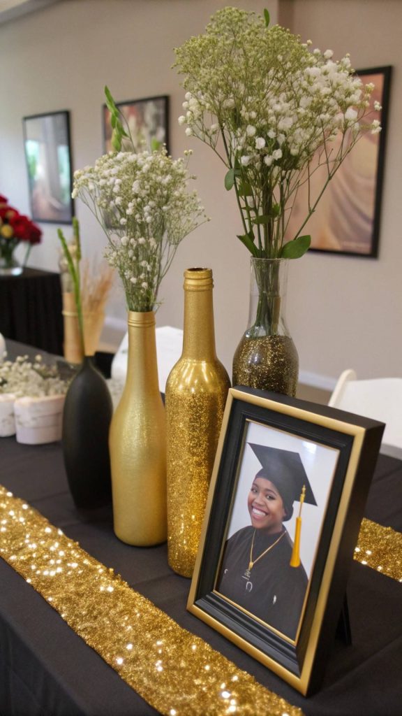 17 Graduation Party Centerpieces Ideas That Wow Guests on Any Budget (Easy, DIY & Trending Looks for 2026) 3 Black and Gold Glam Table Centerpieces for Graduation Party