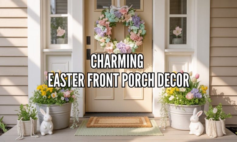 Charming Easter Front Porch Decor with pastel wreath, layered doormats, spring florals, and decorative bunny accents