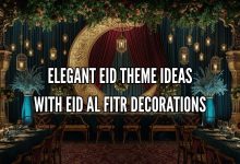 Elegant Eid theme ideas with Eid Al Fitr decorations, crescent moon backdrop, lanterns, and gold accented party setup (1)