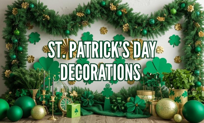 St Patrick’s Day decorations with green garlands, shamrocks, gold accents and DIY festive home decor setup (1)