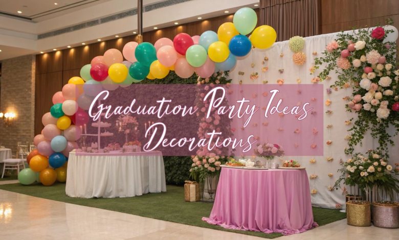 graduation party ideas decorations with balloons, floral backdrop and elegant table setup