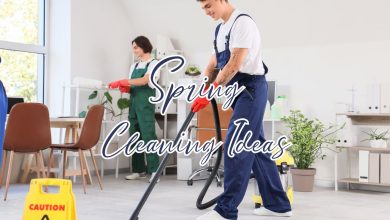 Bright and organized living room during Spring cleaning with cleaning supplies and fresh plants