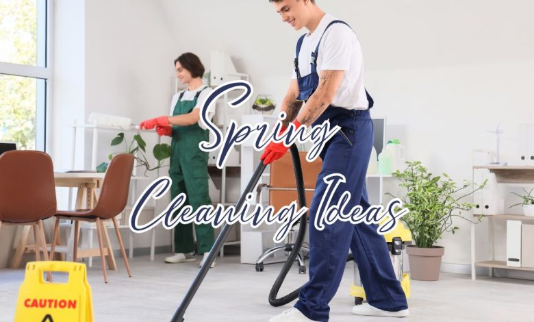 Bright and organized living room during Spring cleaning with cleaning supplies and fresh plants