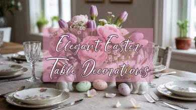 Elegant Easter table decorations with pastel dining table centerpiece, bunny accents, and spring florals