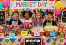 Colorful school market day booth with kids selling crafts and snacks
