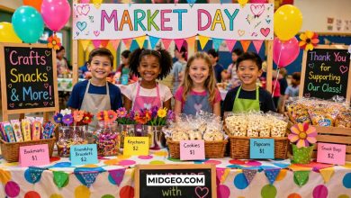 Colorful school market day booth with kids selling crafts and snacks