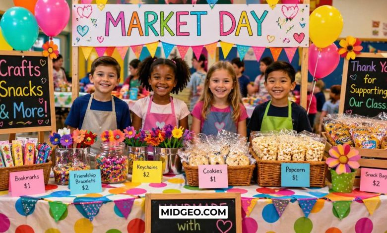 Colorful school market day booth with kids selling crafts and snacks