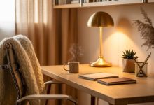 Cozy home office setup with warm lighting, soft textures, neutral colors, aesthetic desk decor, and comfy workspace