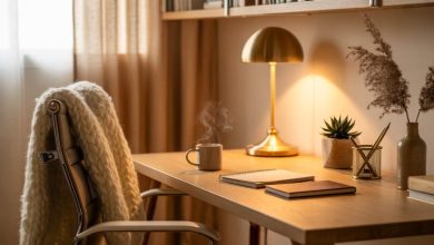 Cozy home office setup with warm lighting, soft textures, neutral colors, aesthetic desk decor, and comfy workspace