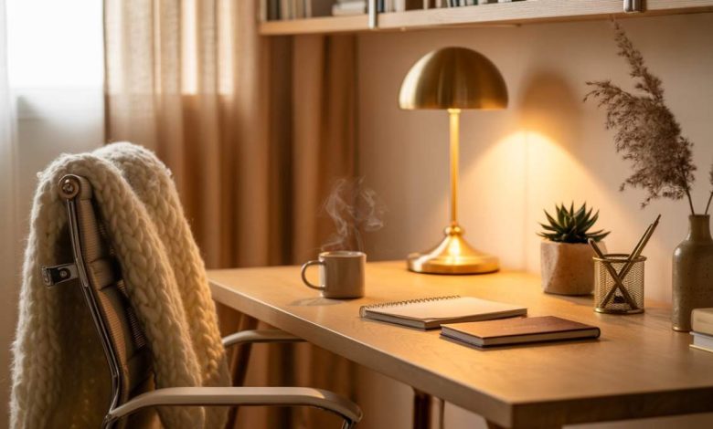 Cozy home office setup with warm lighting, soft textures, neutral colors, aesthetic desk decor, and comfy workspace