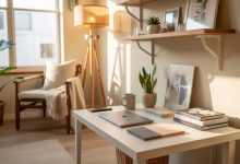 Home office inspiration with a small desk setup in a cozy living room corner featuring aesthetic decor and natural lighting