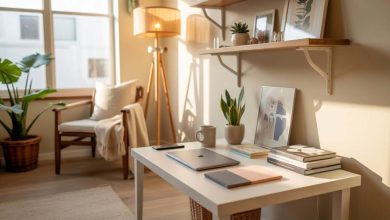 Home office inspiration with a small desk setup in a cozy living room corner featuring aesthetic decor and natural lighting