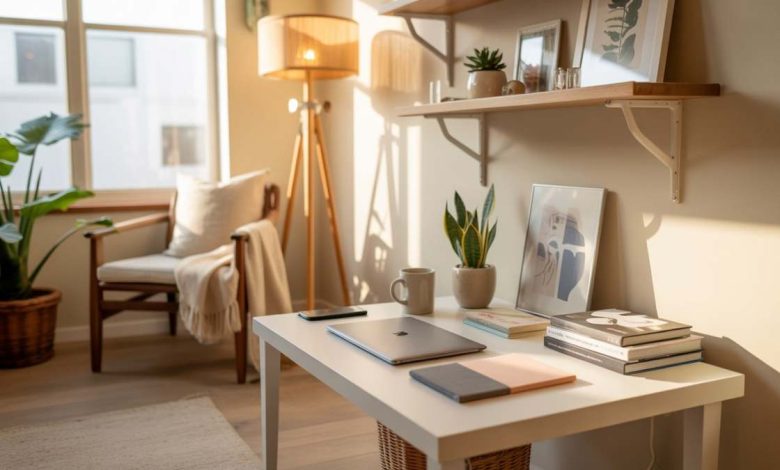 Home office inspiration with a small desk setup in a cozy living room corner featuring aesthetic decor and natural lighting