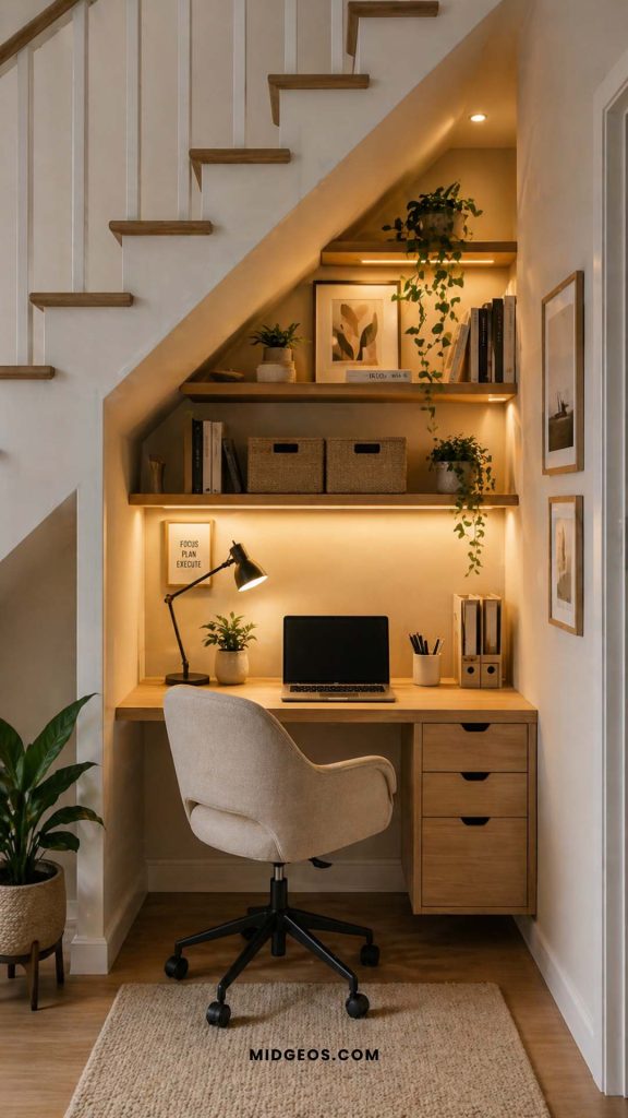 Small office setup under stairs with compact desk, shelves, warm lighting, and minimal decor
